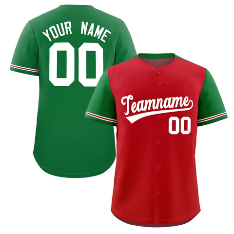 Custom Red Kelly Green Color Block Personalized Raglan Sleeves Authentic Baseball Jersey
