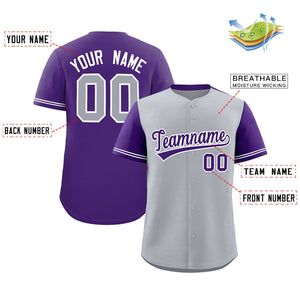 Custom Gray Purple Color Block Personalized Raglan Sleeves Authentic Baseball Jersey