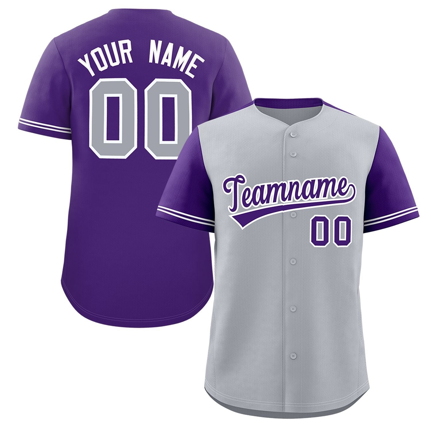 Custom Gray Purple Color Block Personalized Raglan Sleeves Authentic Baseball Jersey