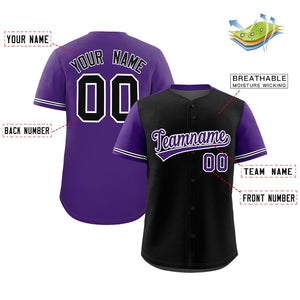 Custom Black Purple Color Block Personalized Raglan Sleeves Authentic Baseball Jersey