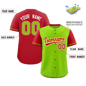 Custom Neon Green Red Color Block Personalized Raglan Sleeves Authentic Baseball Jersey