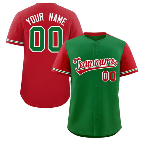 Custom Kelly Green Red Color Block Personalized Raglan Sleeves Authentic Baseball Jersey