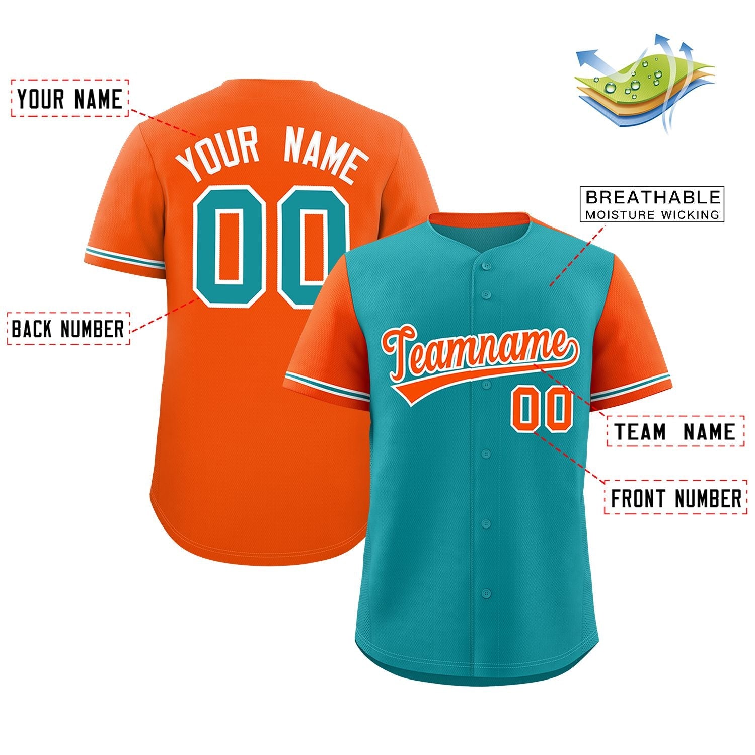 Custom Aqua Orange Color Block Personalized Raglan Sleeves Authentic Baseball Jersey