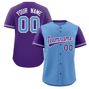 Custom Light Blue Purple Color Block Personalized Raglan Sleeves Authentic Baseball Jersey