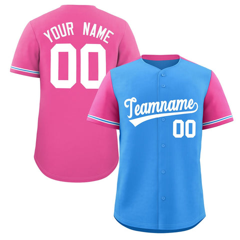 Custom Powder Blue Pink Color Block Personalized Raglan Sleeves Authentic Baseball Jersey