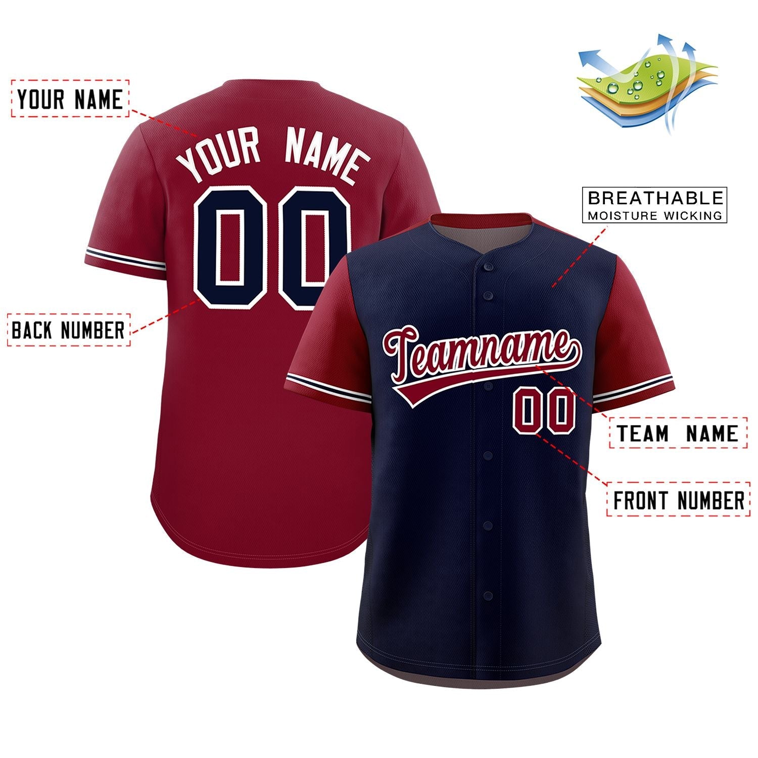 Custom Navy Crimson Color Block Personalized Raglan Sleeves Authentic Baseball Jersey