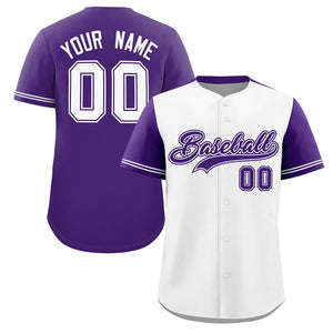 Custom White Purple Color Block Personalized Raglan Sleeves Authentic Baseball Jersey