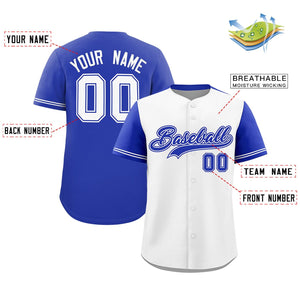 Custom White Royal Color Block Personalized Raglan Sleeves Authentic Baseball Jersey