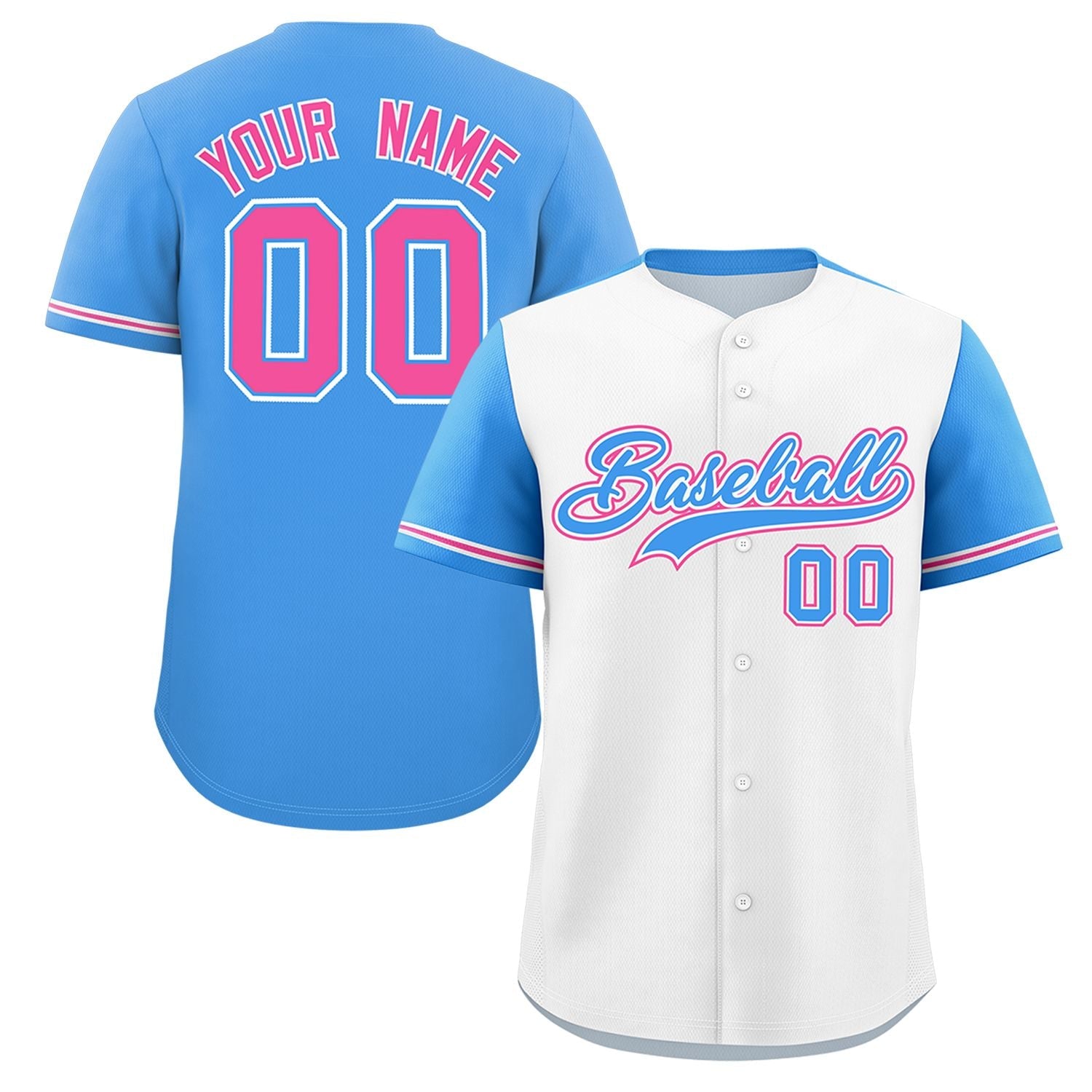 Custom White Powder Blue Color Block Personalized Raglan Sleeves Authentic Baseball Jersey