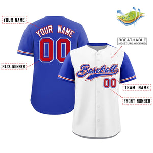 Custom White Royal Color Block Personalized Raglan Sleeves Authentic Baseball Jersey