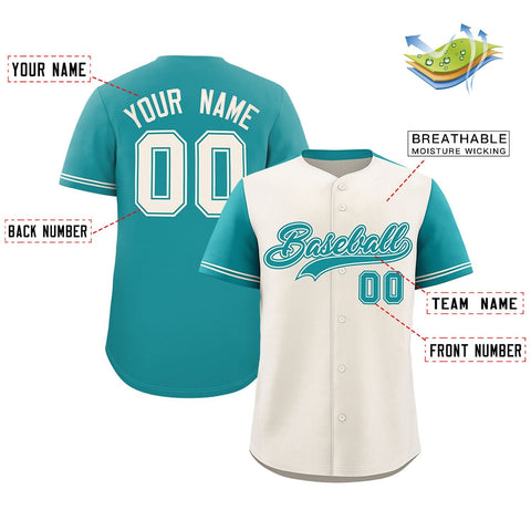 Custom Cream Aqua Color Block Personalized Raglan Sleeves Authentic Baseball Jersey