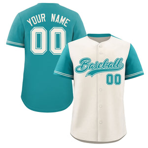 Custom Cream Aqua Color Block Personalized Raglan Sleeves Authentic Baseball Jersey