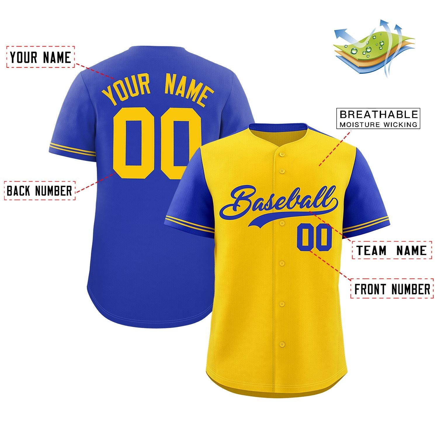 Custom Gold Royal Color Block Personalized Raglan Sleeves Authentic Baseball Jersey