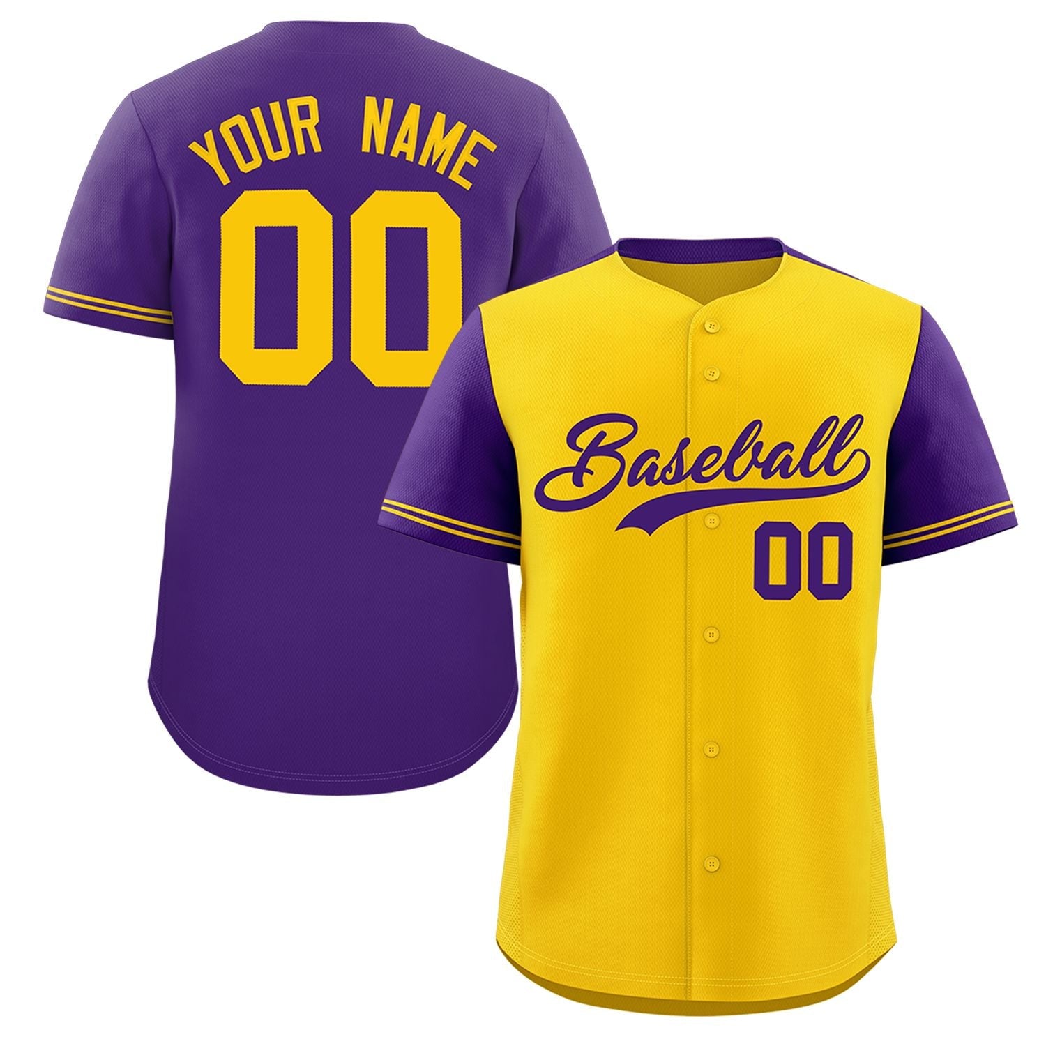 Custom Gold Purple Color Block Personalized Raglan Sleeves Authentic Baseball Jersey