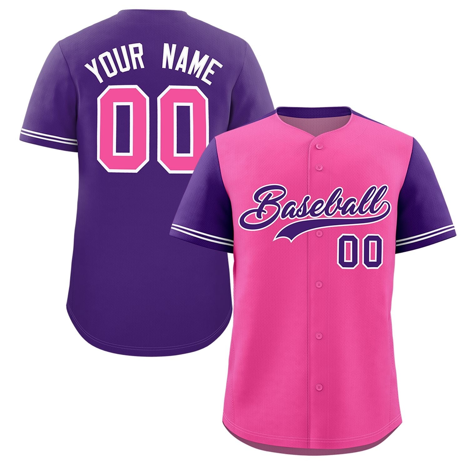 Custom Pink Purple Color Block Personalized Raglan Sleeves Authentic Baseball Jersey