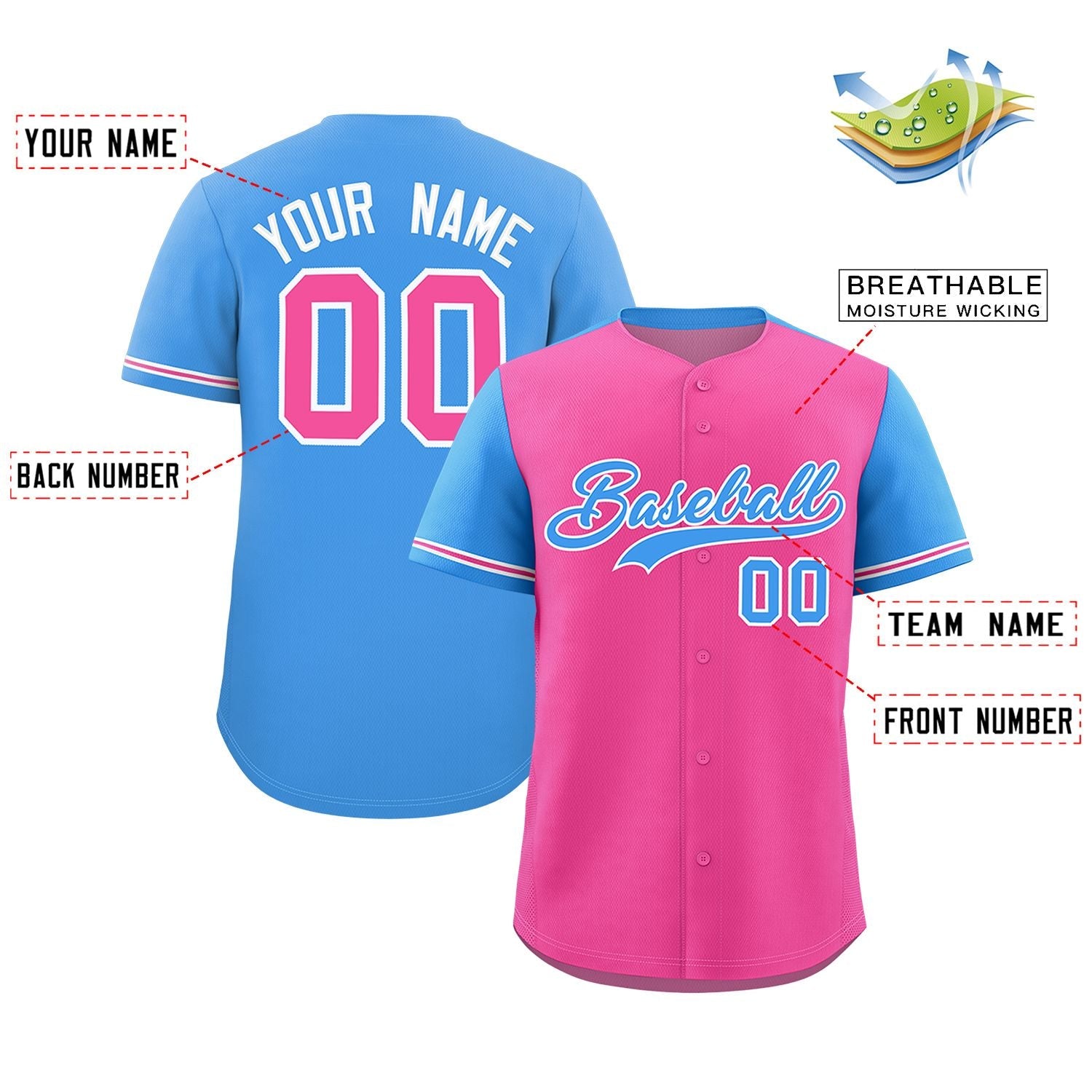 Custom Pink Powder Blue Color Block Personalized Raglan Sleeves Authentic Baseball Jersey