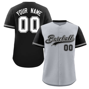 Custom Gray Black Color Block Personalized Raglan Sleeves Authentic Baseball Jersey