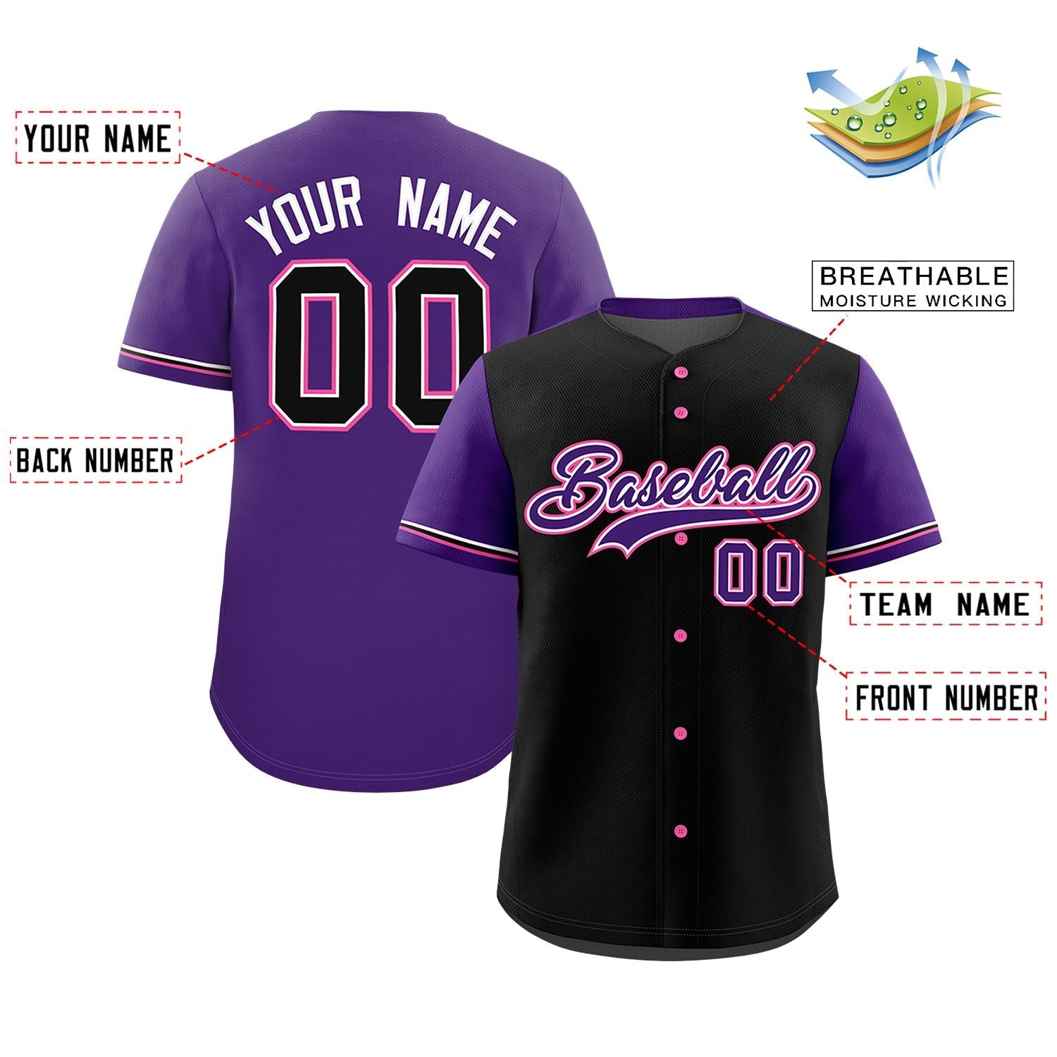 Custom Black Purple Color Block Personalized Raglan Sleeves Authentic Baseball Jersey