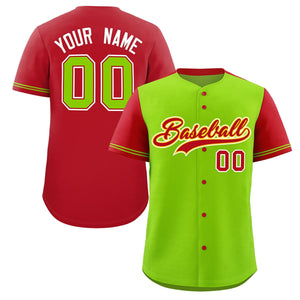 Custom Neon Green Red Color Block Personalized Raglan Sleeves Authentic Baseball Jersey