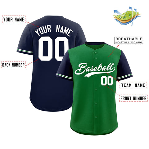 Custom Kelly Green Navy Color Block Personalized Raglan Sleeves Authentic Baseball Jersey