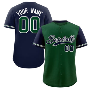 Custom Green Navy Color Block Personalized Raglan Sleeves Authentic Baseball Jersey