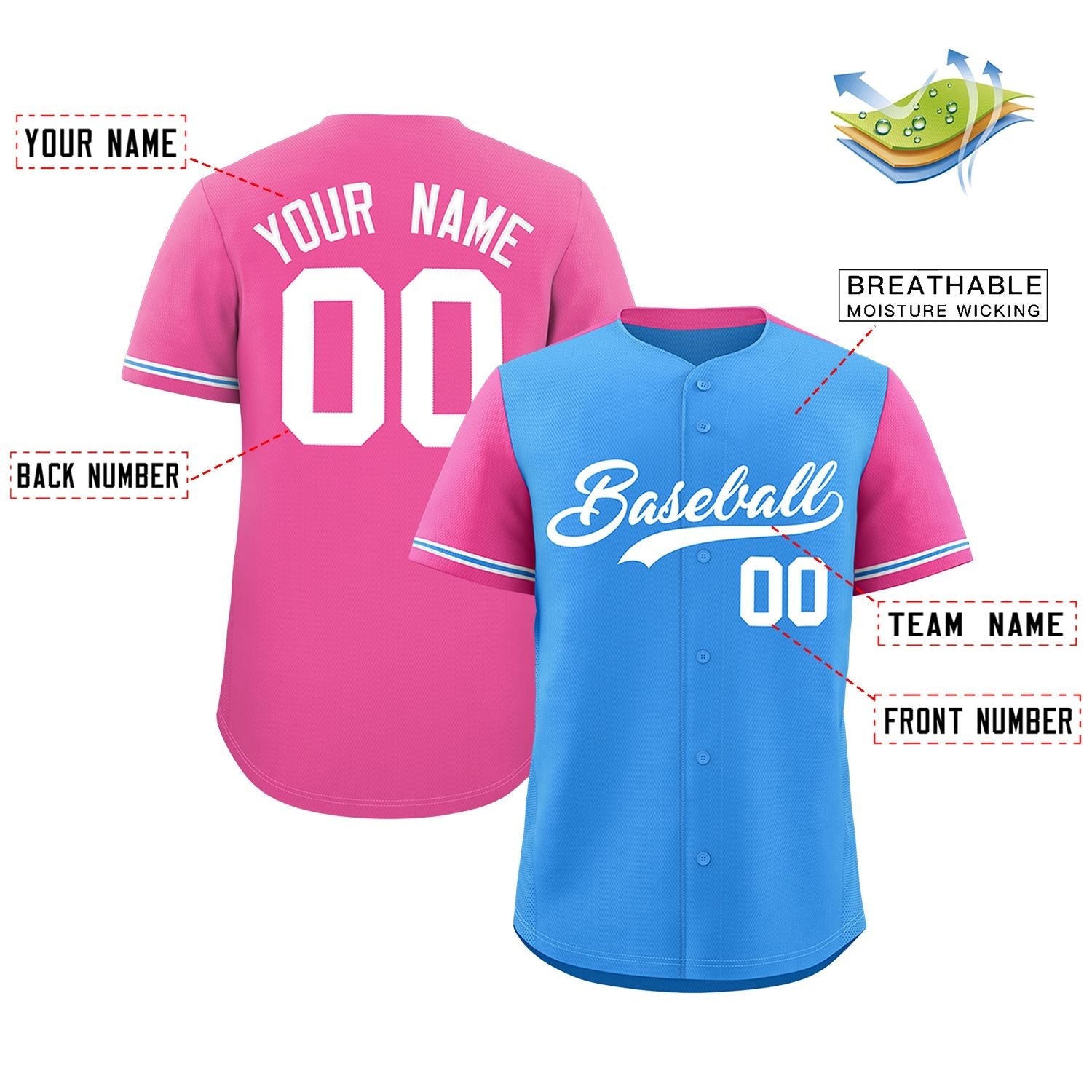 Custom Powder Blue Pink Color Block Personalized Raglan Sleeves Authentic Baseball Jersey