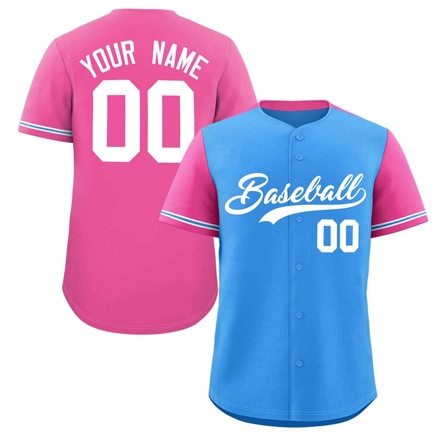 Custom Powder Blue Pink Color Block Personalized Raglan Sleeves Authentic Baseball Jersey