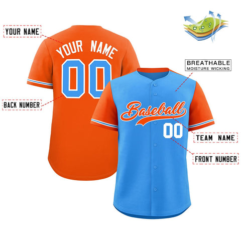 Custom Powder Blue Orange Color Block Personalized Raglan Sleeves Authentic Baseball Jersey