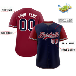 Custom Navy Crimson Color Block Personalized Raglan Sleeves Authentic Baseball Jersey