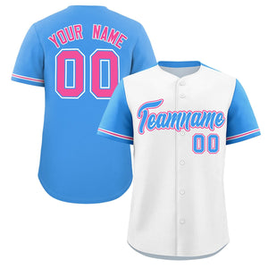 Custom White Powder Blue Color Block Personalized Raglan Sleeves Authentic Baseball Jersey