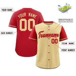 Custom Khaki Red Color Block Personalized Raglan Sleeves Authentic Baseball Jersey