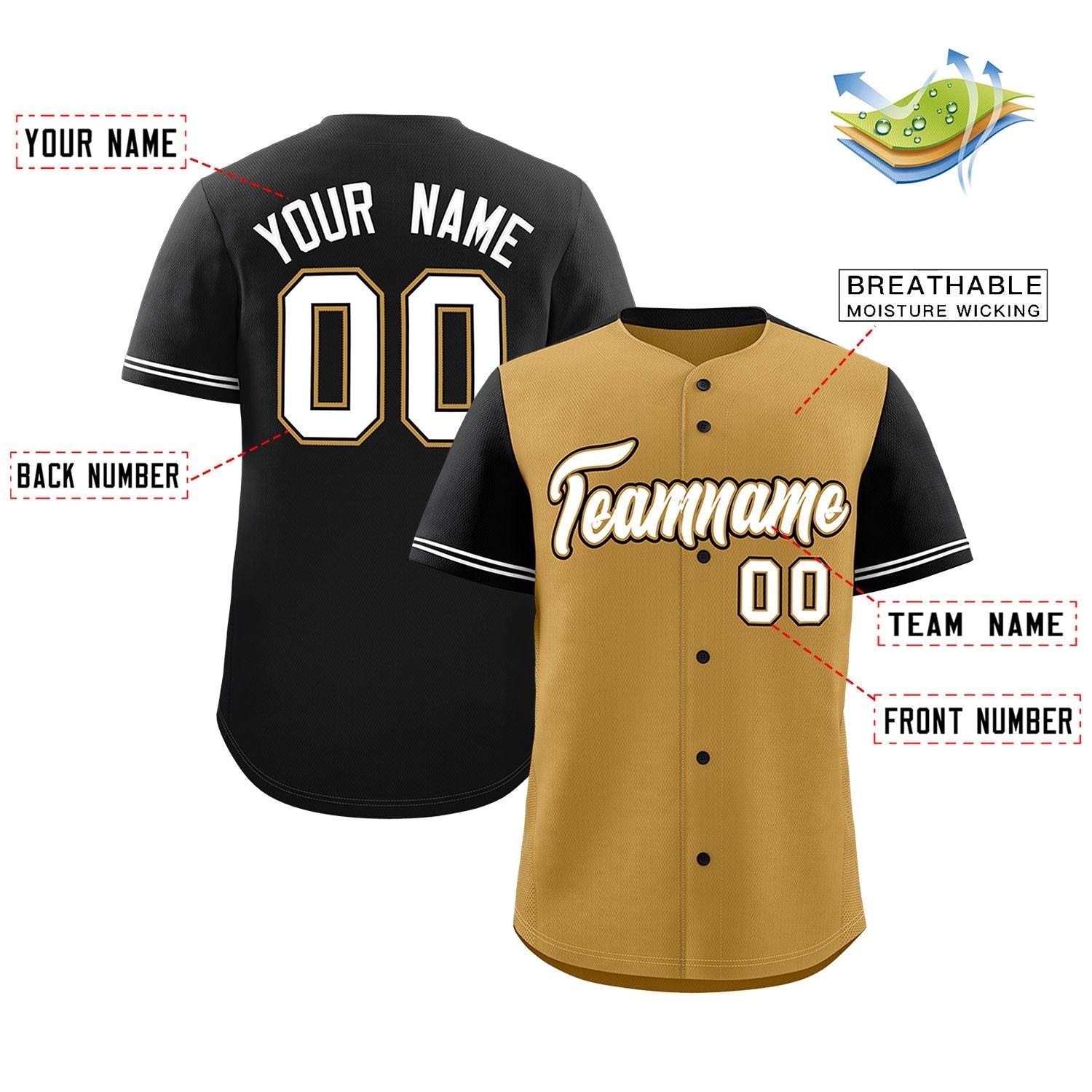 Custom Old Gold Black Color Block Personalized Raglan Sleeves Authentic Baseball Jersey