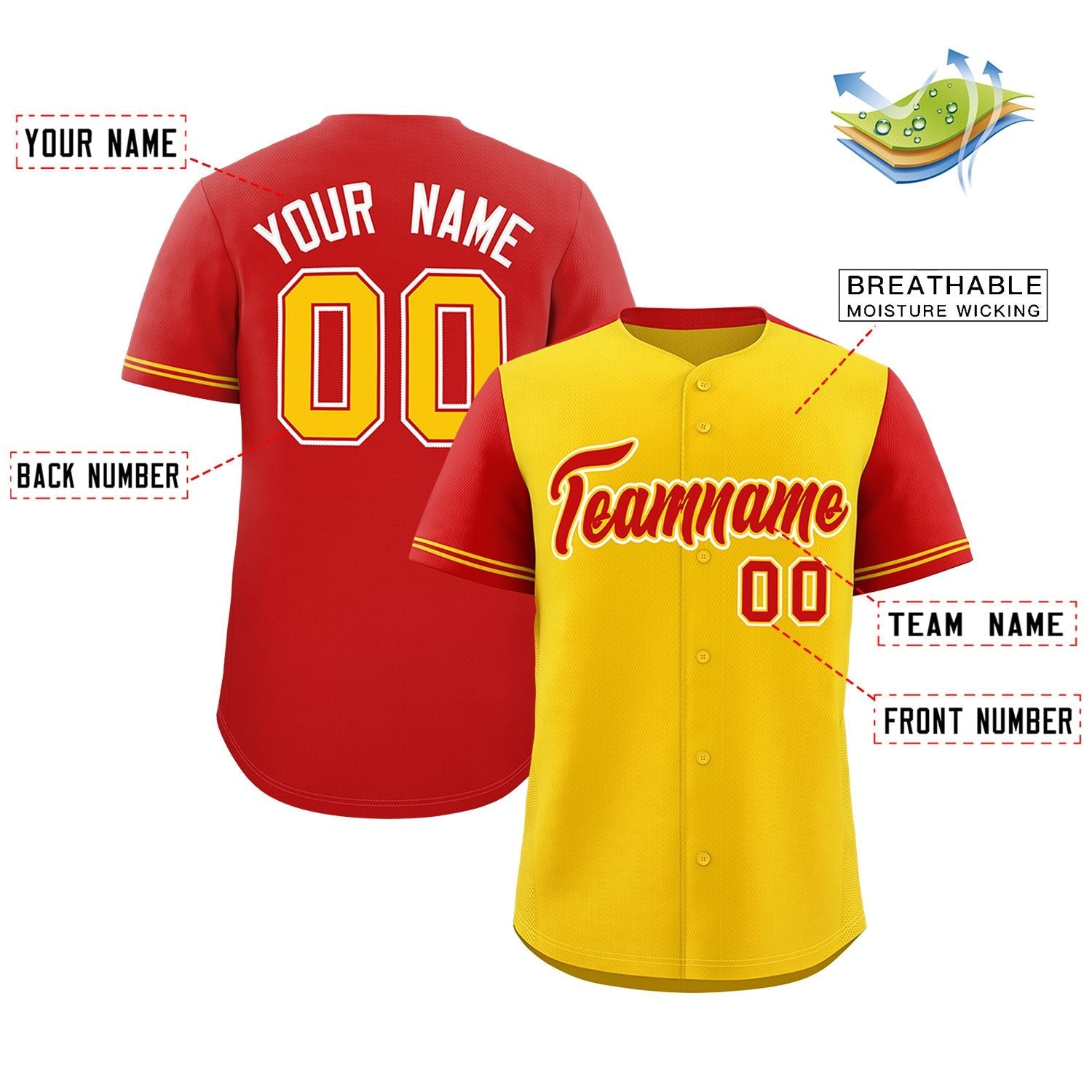 Custom Gold Red Color Block Personalized Raglan Sleeves Authentic Baseball Jersey