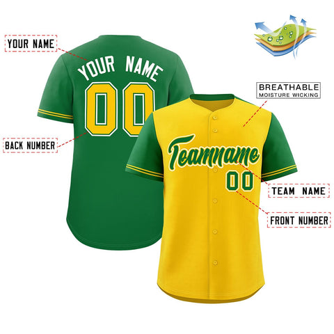 Custom Gold Kelly Green Color Block Personalized Raglan Sleeves Authentic Baseball Jersey