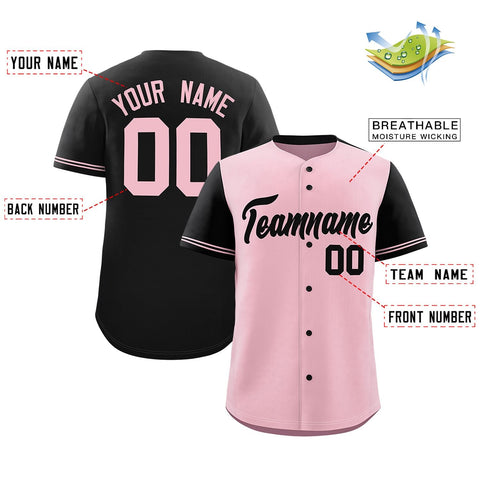 Custom Light Pink Black Color Block Personalized Raglan Sleeves Authentic Baseball Jersey