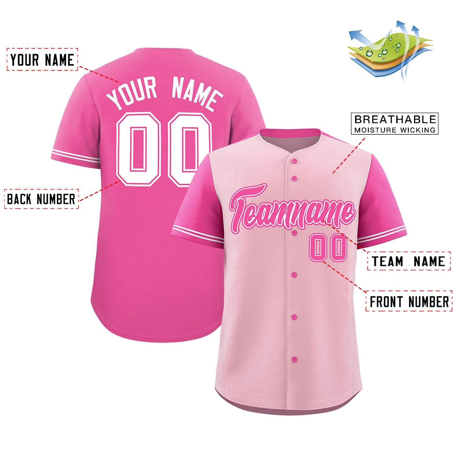 Custom Light Pink Pink Color Block Personalized Raglan Sleeves Authentic Baseball Jersey