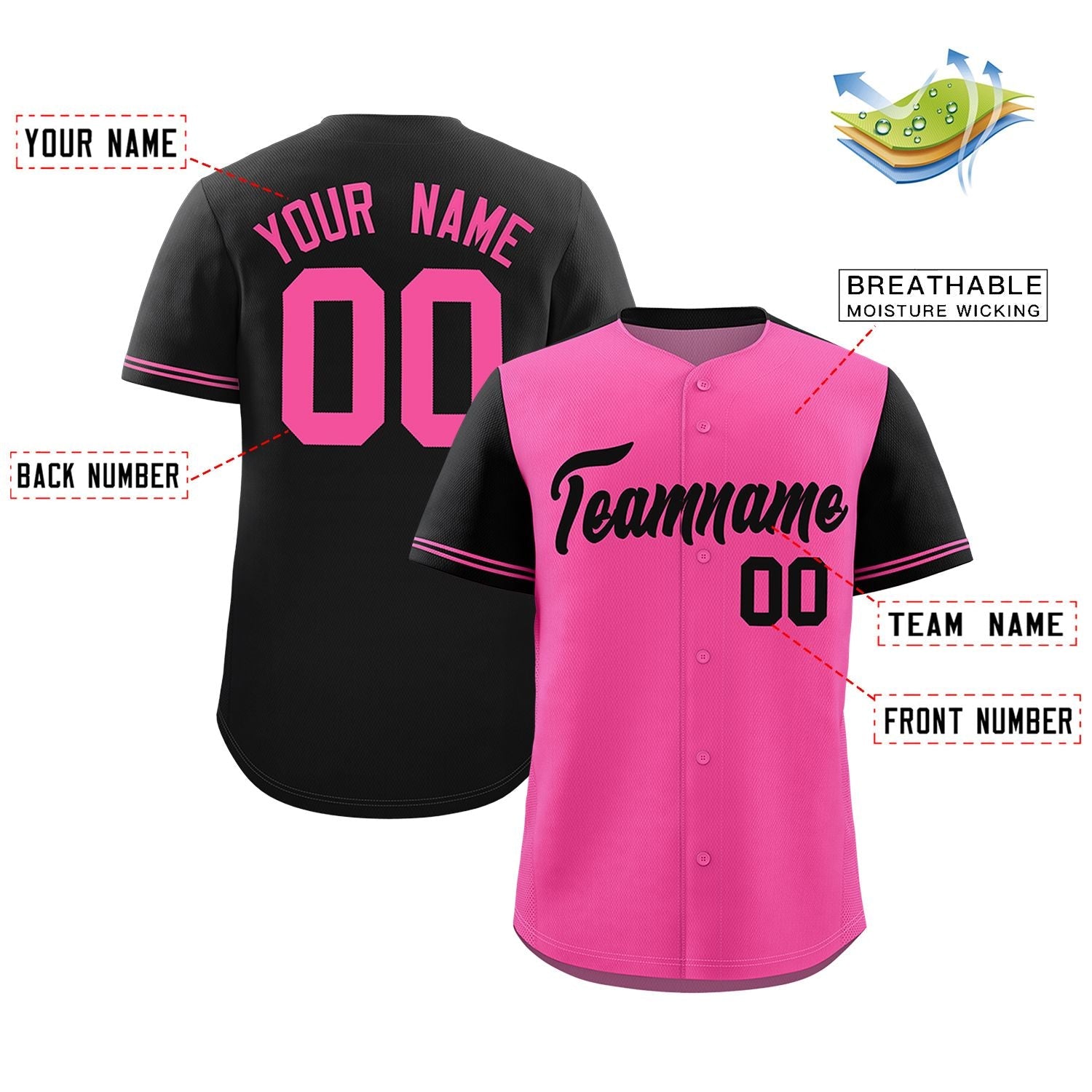 Custom Pink Black Color Block Personalized Raglan Sleeves Authentic Baseball Jersey