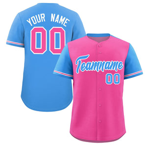 Custom Pink Powder Blue Color Block Personalized Raglan Sleeves Authentic Baseball Jersey