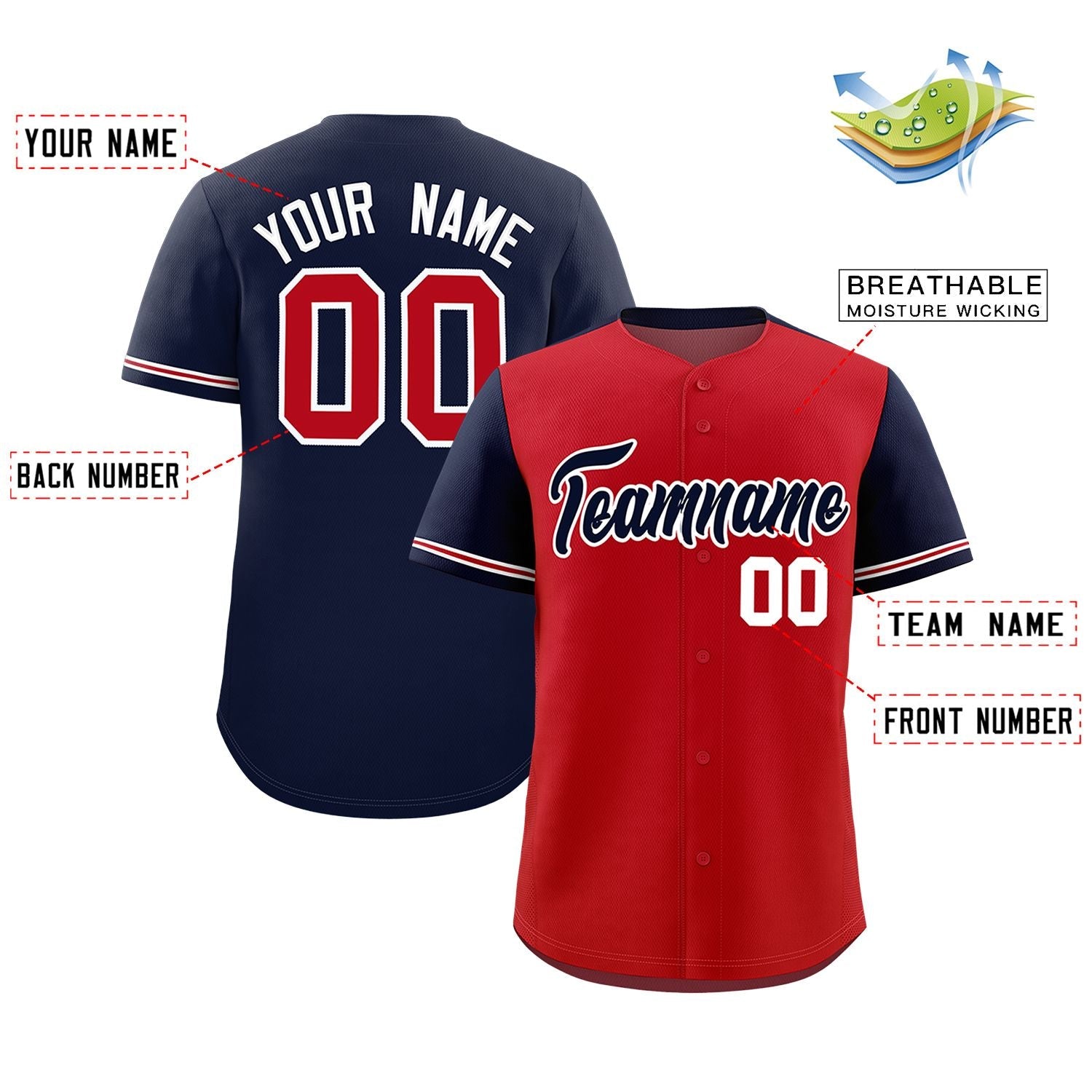 Custom Red Navy Color Block Personalized Raglan Sleeves Authentic Baseball Jersey