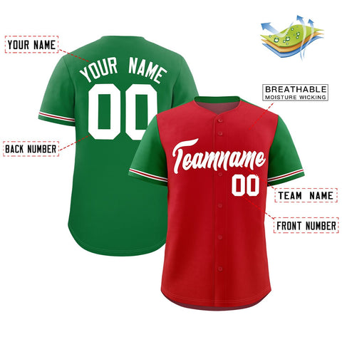 Custom Red Kelly Green Color Block Personalized Raglan Sleeves Authentic Baseball Jersey