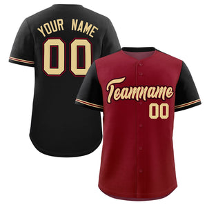 Custom Crimson Black Color Block Personalized Raglan Sleeves Authentic Baseball Jersey