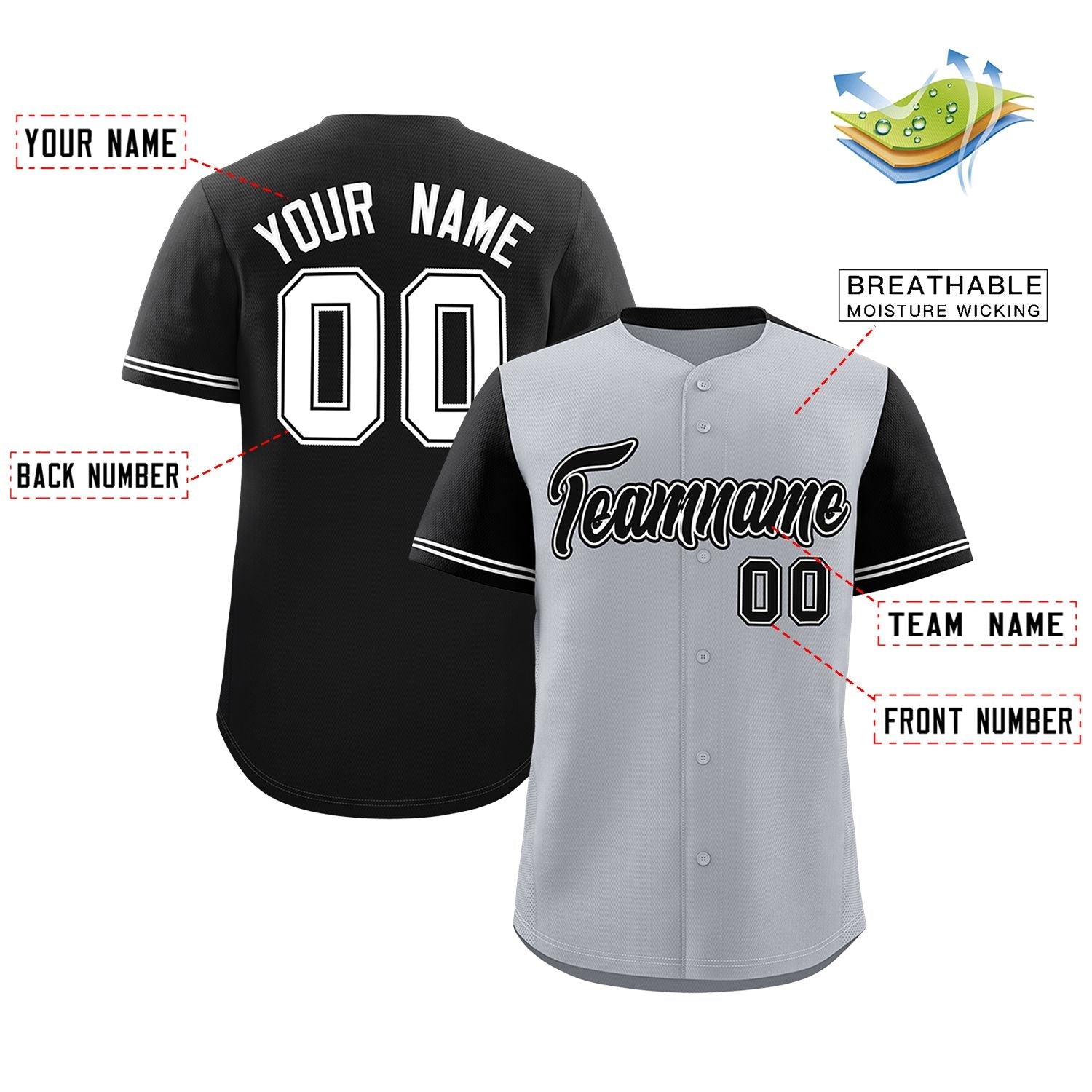 Custom Gray Black Color Block Personalized Raglan Sleeves Authentic Baseball Jersey