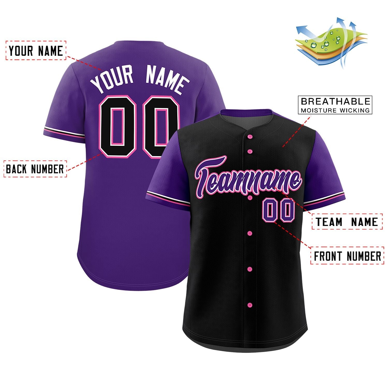 Custom Black Purple Color Block Personalized Raglan Sleeves Authentic Baseball Jersey