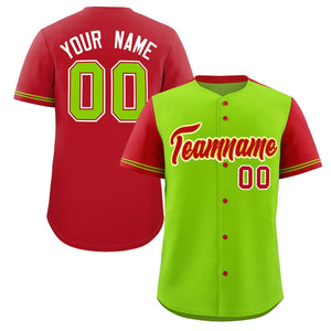 Custom Neon Green Red Color Block Personalized Raglan Sleeves Authentic Baseball Jersey