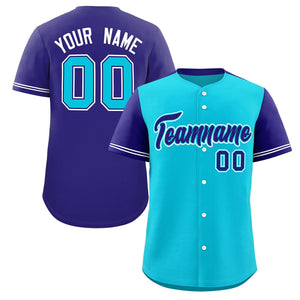 Custom Sky Blue Violet Color Block Personalized Raglan Sleeves Authentic Baseball Jersey