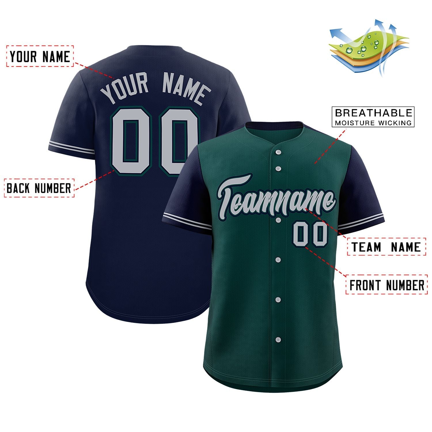 Custom Midnight Green Navy Color Block Personalized Raglan Sleeves Authentic Baseball Jersey