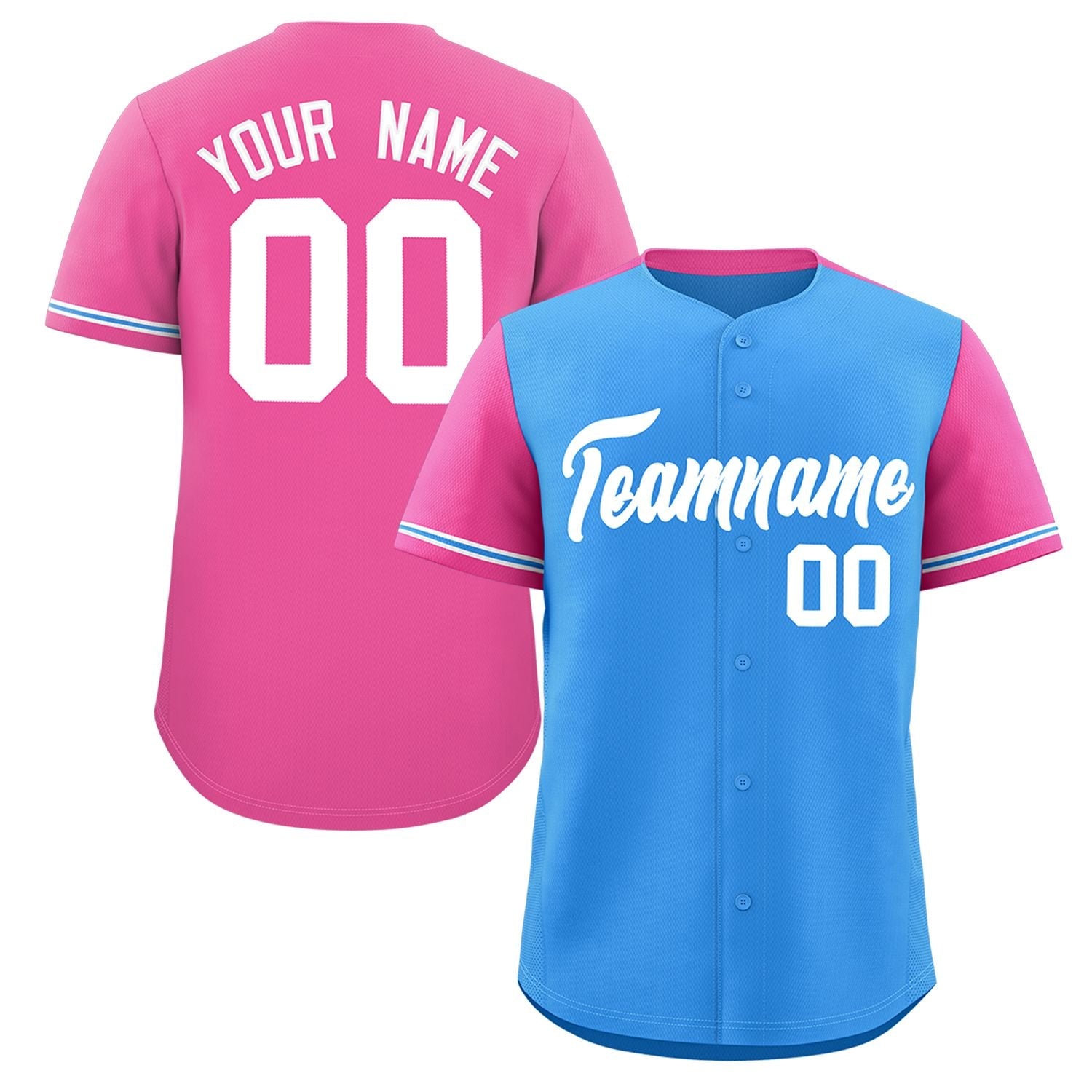 Custom Powder Blue Pink Color Block Personalized Raglan Sleeves Authentic Baseball Jersey