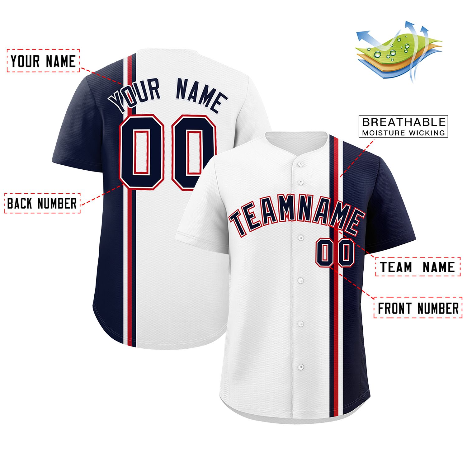 Custom White Navy-Red Personalized Color Block Authentic Baseball jersey