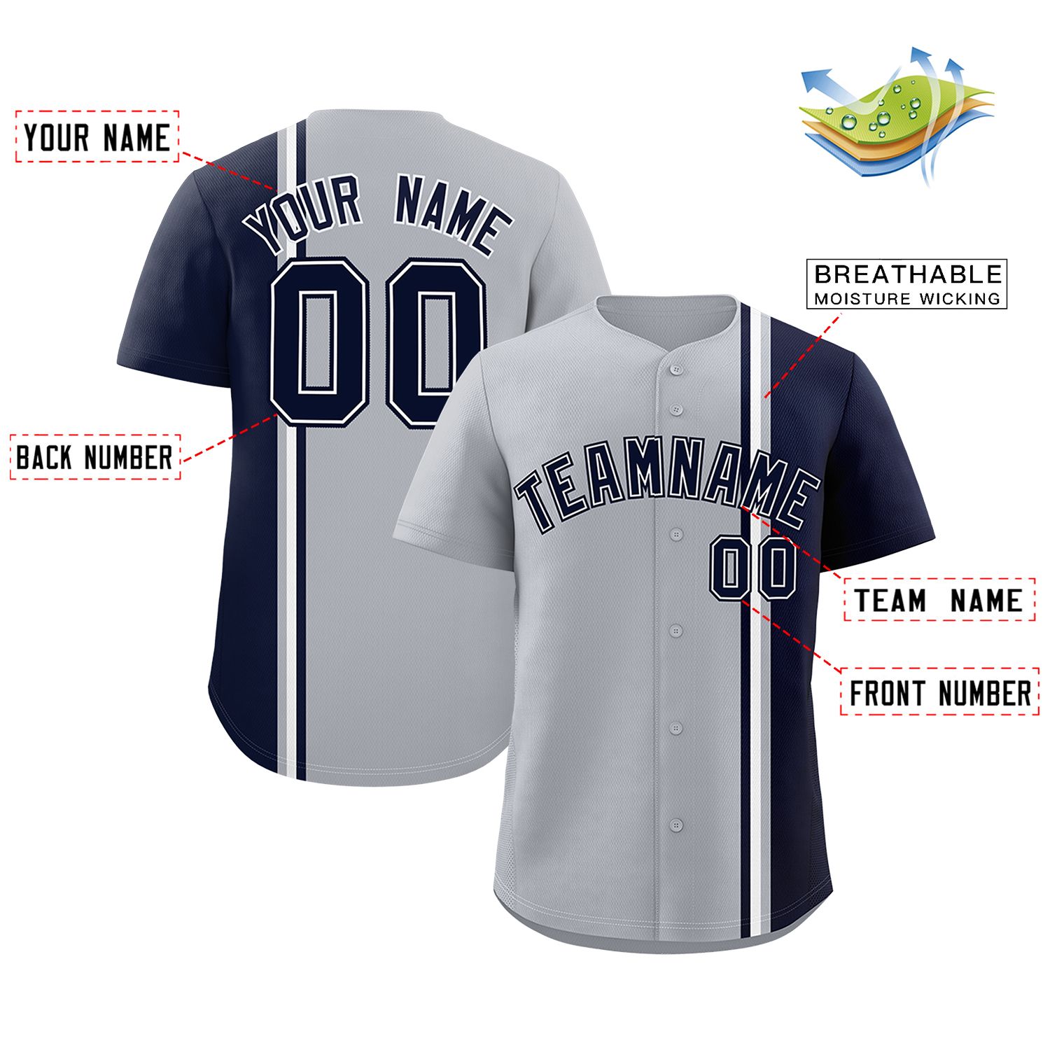 Custom Gray Navy-White Personalized Color Block Authentic Baseball jersey