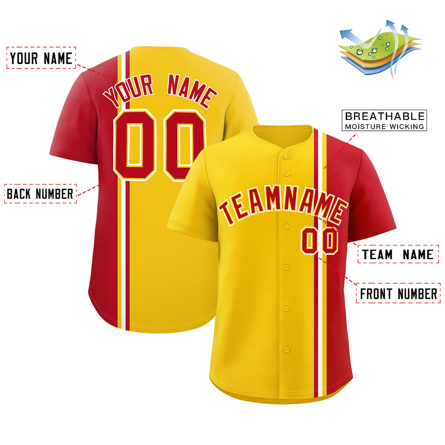 Custom Gold Red-White Personalized Color Block Authentic Baseball jersey